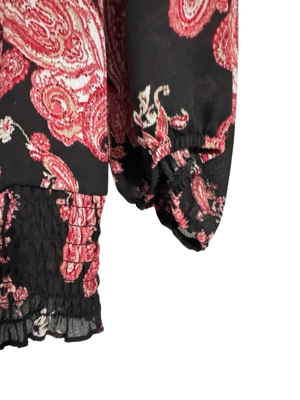Cato Womens Large Black Red Paisley Blouse 3/4 Sleeve Smocked Hem Boho Top - Picture 6 of 12